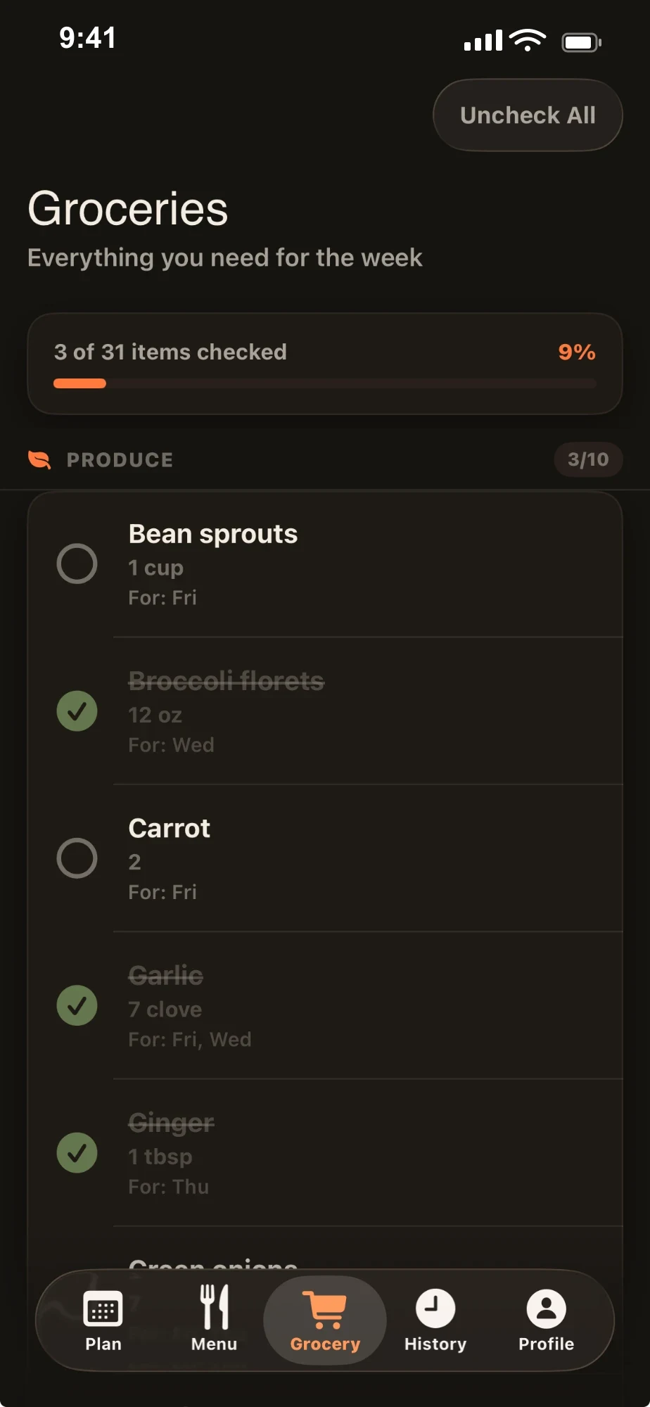 Auto-generated grocery list