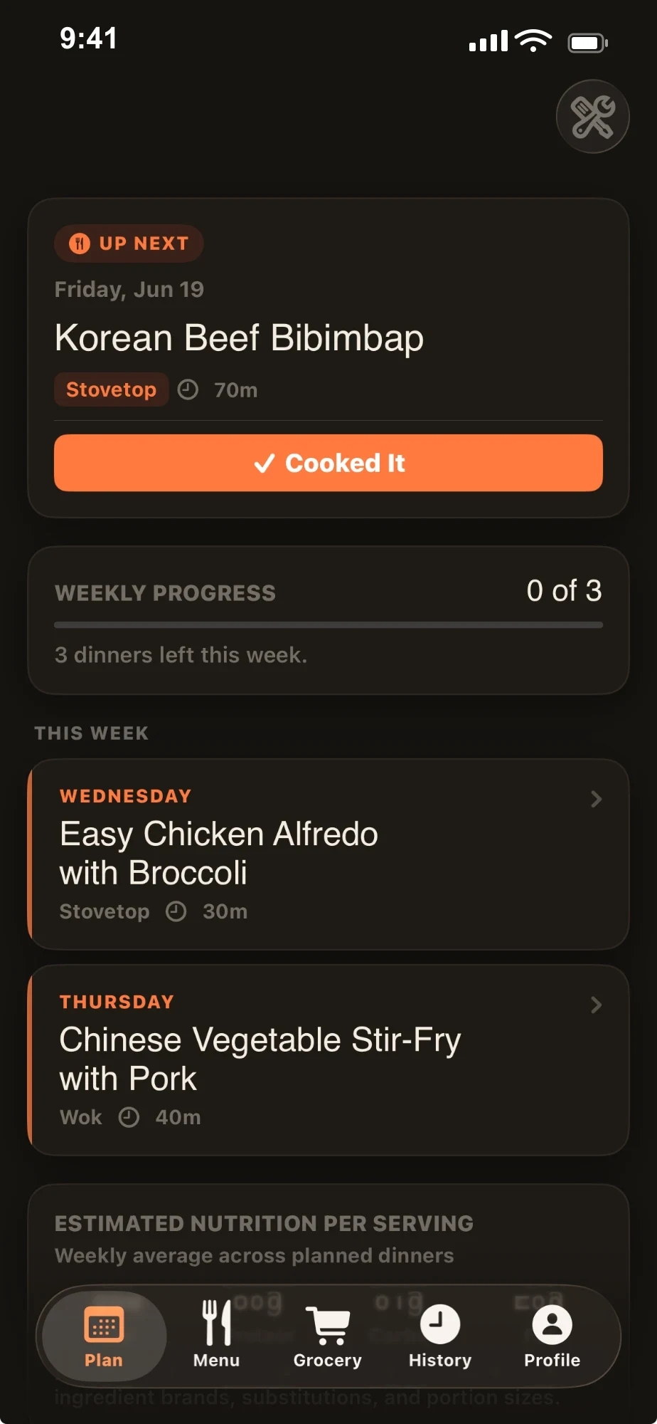 KinTable weekly meal plan